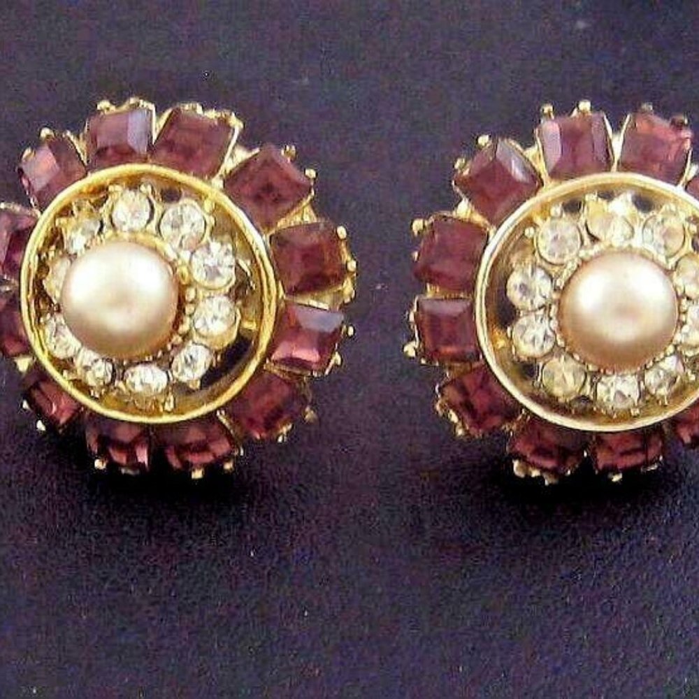Earrings amethyst glass w/ faux pearl & rh's